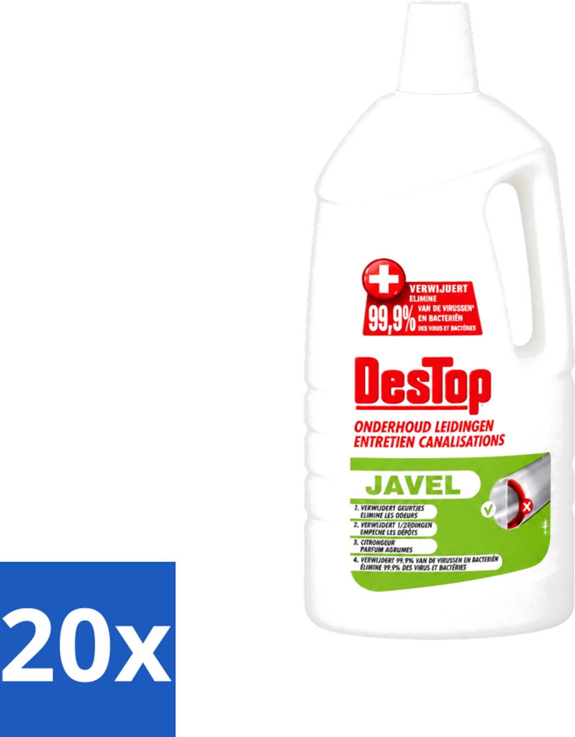 20 x DesTop - Onderhoud Leidingen - Javel - 4-in-1 Werking - Citroengeur - 1,5L - Voordeelverpakking - 20 stuks