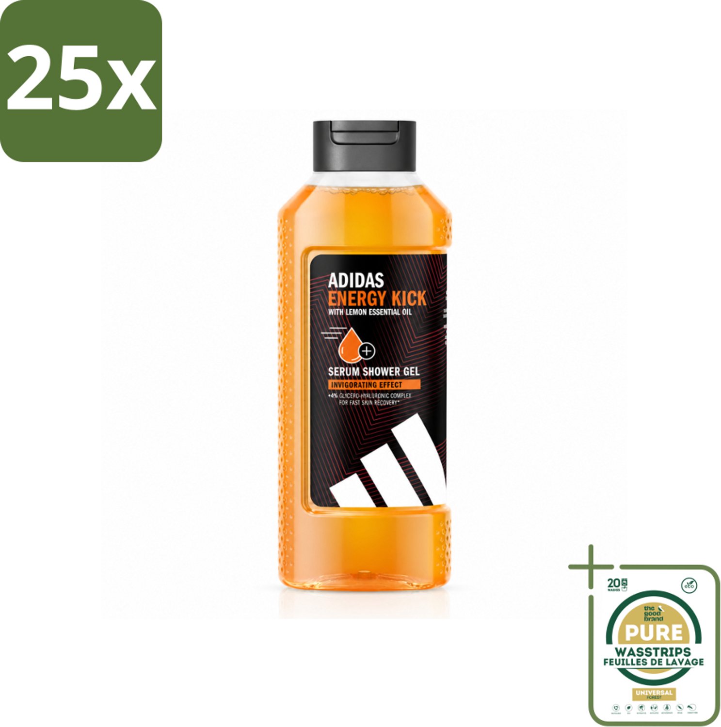 25 x Adidas – Douchegel – Active Skin & Mind Energy Kick – 400 ml - Wasstrips - Douchegel Mannen - Energie Voor Huid En Geest - Citroenolie Douchegel - Hydraterende Douchegel - Vegan Douchegel