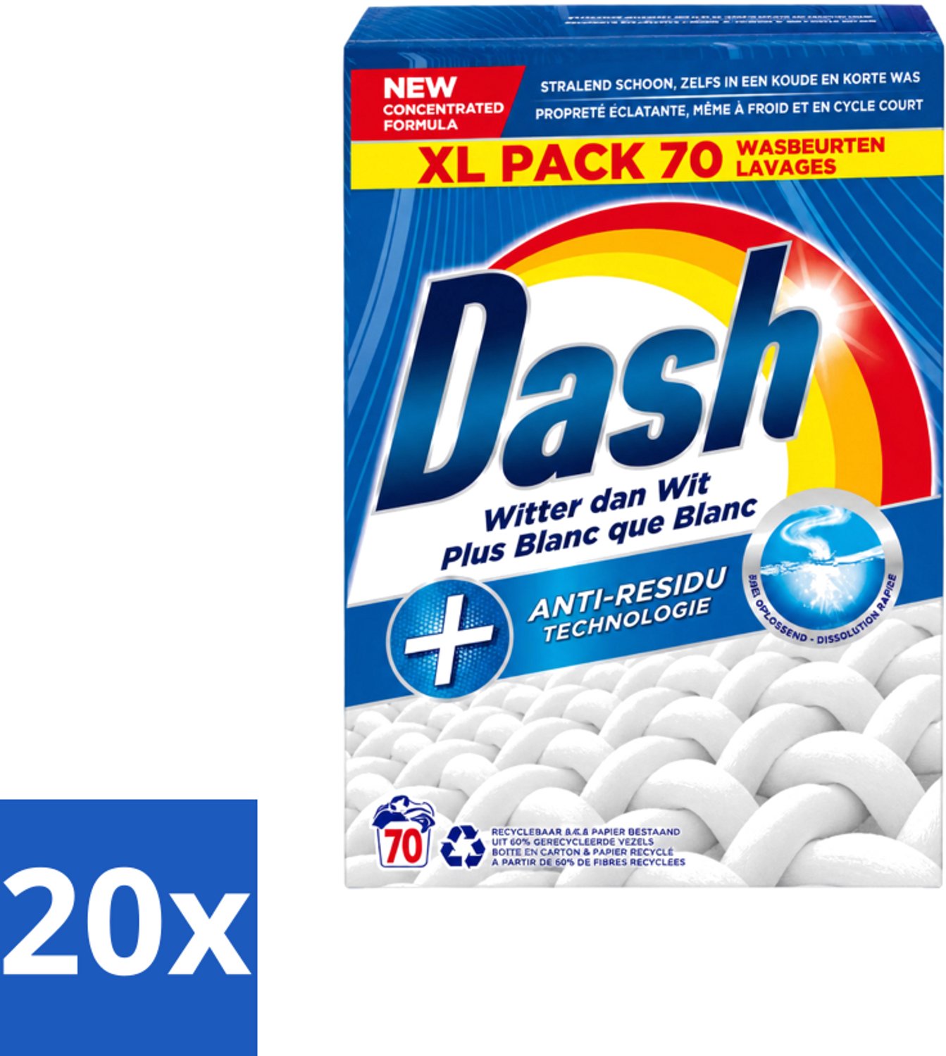 20 x Dash - Witter dan Wit - Snel Oplossend Waspoeder - Witte Was - 70 Wasbeurten - Voordeelverpakking - 20 stuks