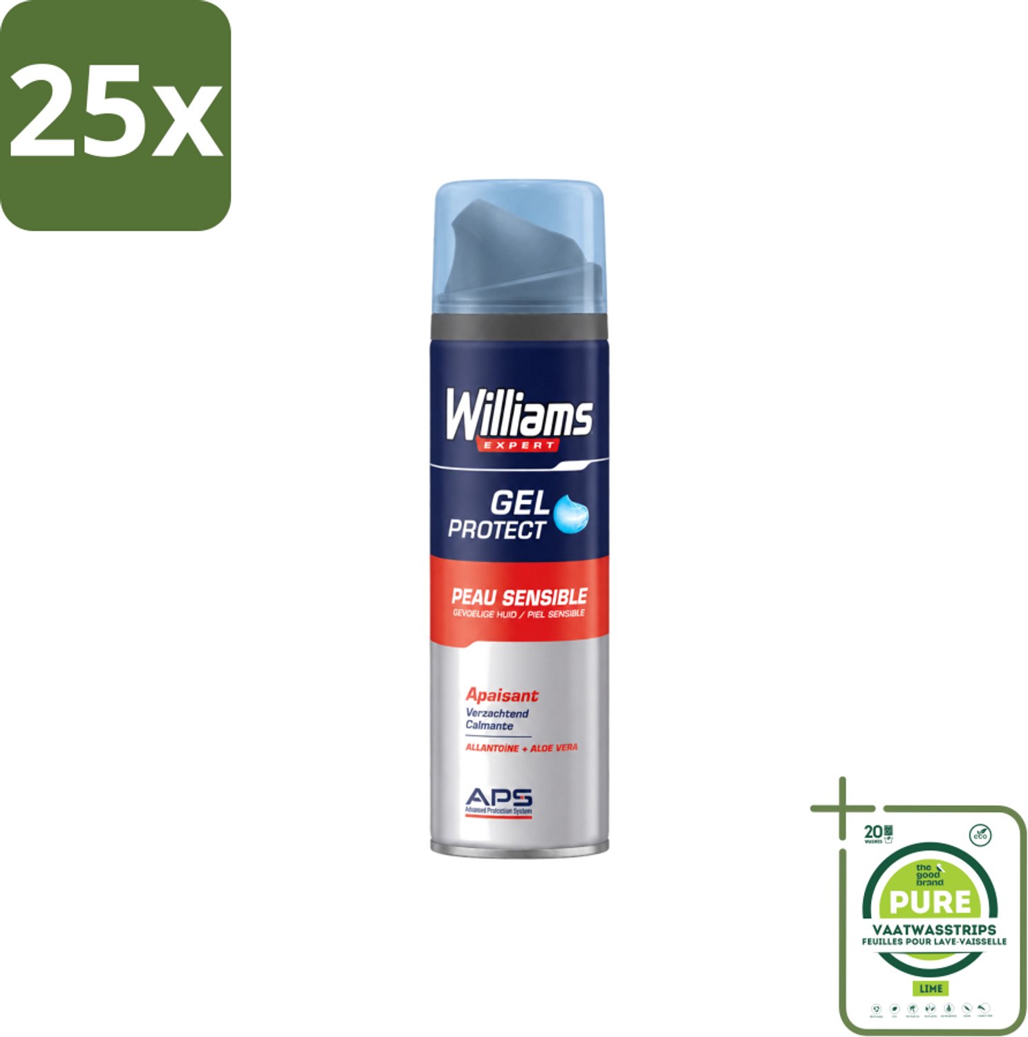 25 x Williams - Expert - Scheergel - Gevoelige Huid- 200 ml - Grootverpakking - Vaatwasstrips - Scheergel Voor Gevoelige Huid - Gevoelige Huid Scheerproducten - Beschermende Scheergel - Verzachte Scheergel - Scheren Zonder Irritatie