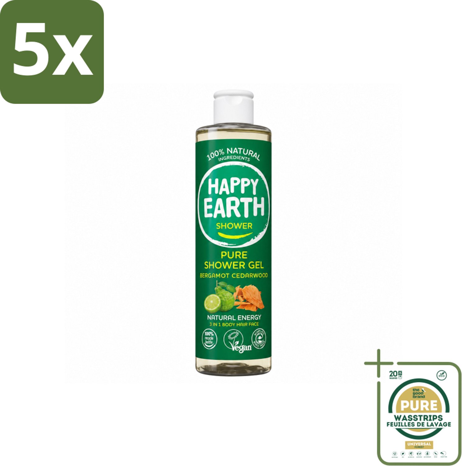 5 x Happy Earth – Douchegel – 100% Natuurlijk Bergamot Cedarwood – 300 ml - Wasstrips - Douchegel Bergamot Cederhout - Natuurlijke Douchegel - Vegan Douchegel - Dierproefvrije Douchegel - Biologische Douchegel