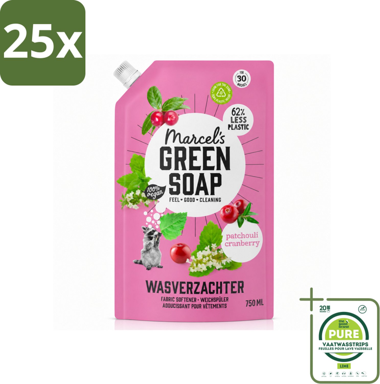 25 x Marcel’s Green Soap – Wasverzachter – Patchouli & Cranberry - Navulling – 750 ml - Grootverpakking - Vaatwasstrips - Wasverzachter - Navulling - Patchouli - Cranberry - Wasverzachter Navulling