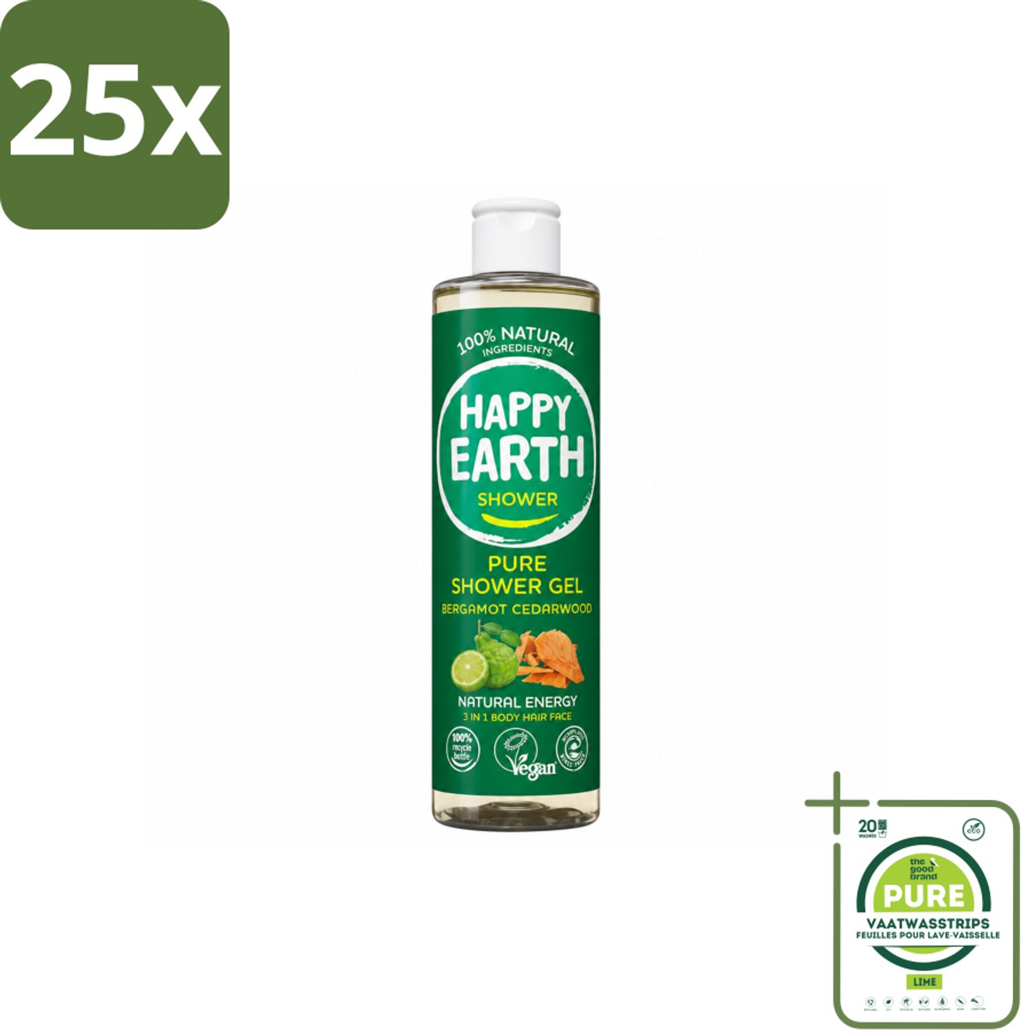 25 x Happy Earth – Douchegel – 100% Natuurlijk Bergamot Cedarwood – 300 ml - Grootverpakking - Vaatwasstrips - Douchegel Bergamot Cederhout - Natuurlijke Douchegel - Vegan Douchegel - Biologische Douchegel - Huidvriendelijke Douchegel