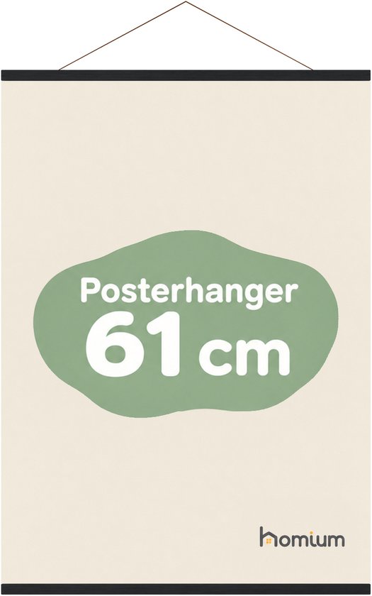 Zwarte houten posterhanger van 61 cm met een beige achtergrond en groene vorm, met tekst Posterhanger 61 cm.
