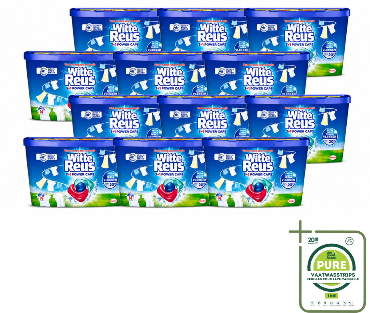 12 x Witte Reus - Wasmiddel - Power Caps 3+1 - 14 Capsules - Grootverpakking - Vaatwasstrips - Wasmiddel - Wascapsule - Reiniging - Witte Wasmiddel - Krachtige Wasmiddel