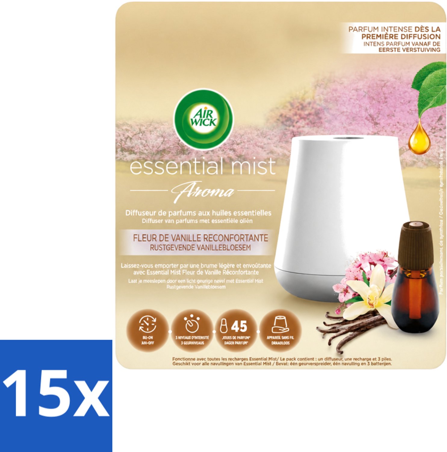 15 x Air Wick Essential Mist - Elektrische Geurverspreider - Starterkit - Rustgevende Vanillebloesem - 20ml - Voordeelverpakking - 15 stuks