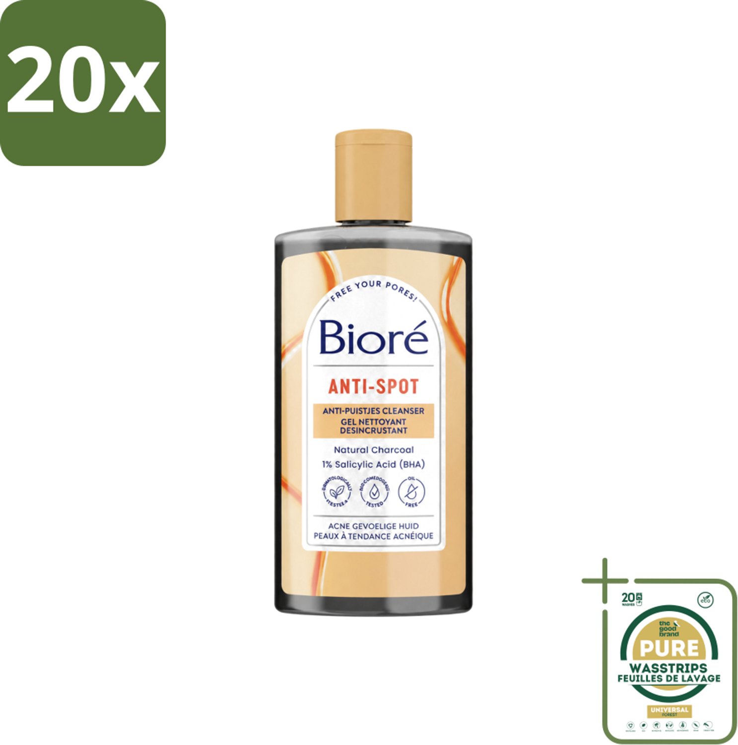 20 x Bioré – Houtskool Anti-Puistjes Reinigingsgel – Gezichtsreiniger – 200 ml - Wasstrips - Huid Reinigen - Puistjes Voorkomen - Vet Huid Reinigen - Salicylzuur - Houtskool