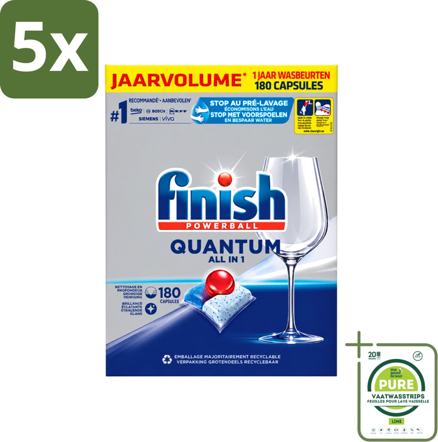 5 x Finish Powerball - Quantum All in 1 - Vaatwastabletten - 180 Tabletten - Grootverpakking - Vaatwasstrips - Vaatwassen - Vaatwastabletten - Vaatwasmiddel - Vaatwasmiddel Tabletten - Vaatwasmiddel Quantum