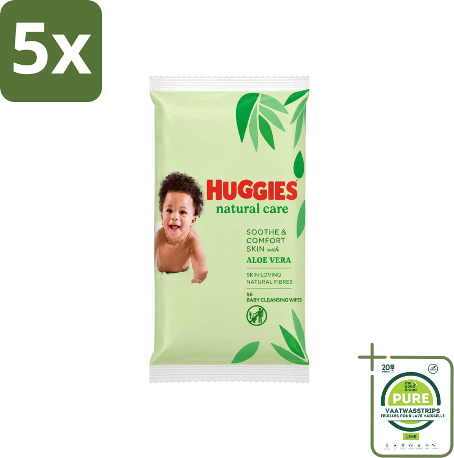 5 x Huggies - Billendoekjes - Huidvriendelijk - Met Aloë Vera - 56 Babydoekjes - Grootverpakking - Vaatwasstrips - Billendoekjes Voor Baby - Zachte Reiniging - Hypoallergeen - Aloë Vera - Vitamine E