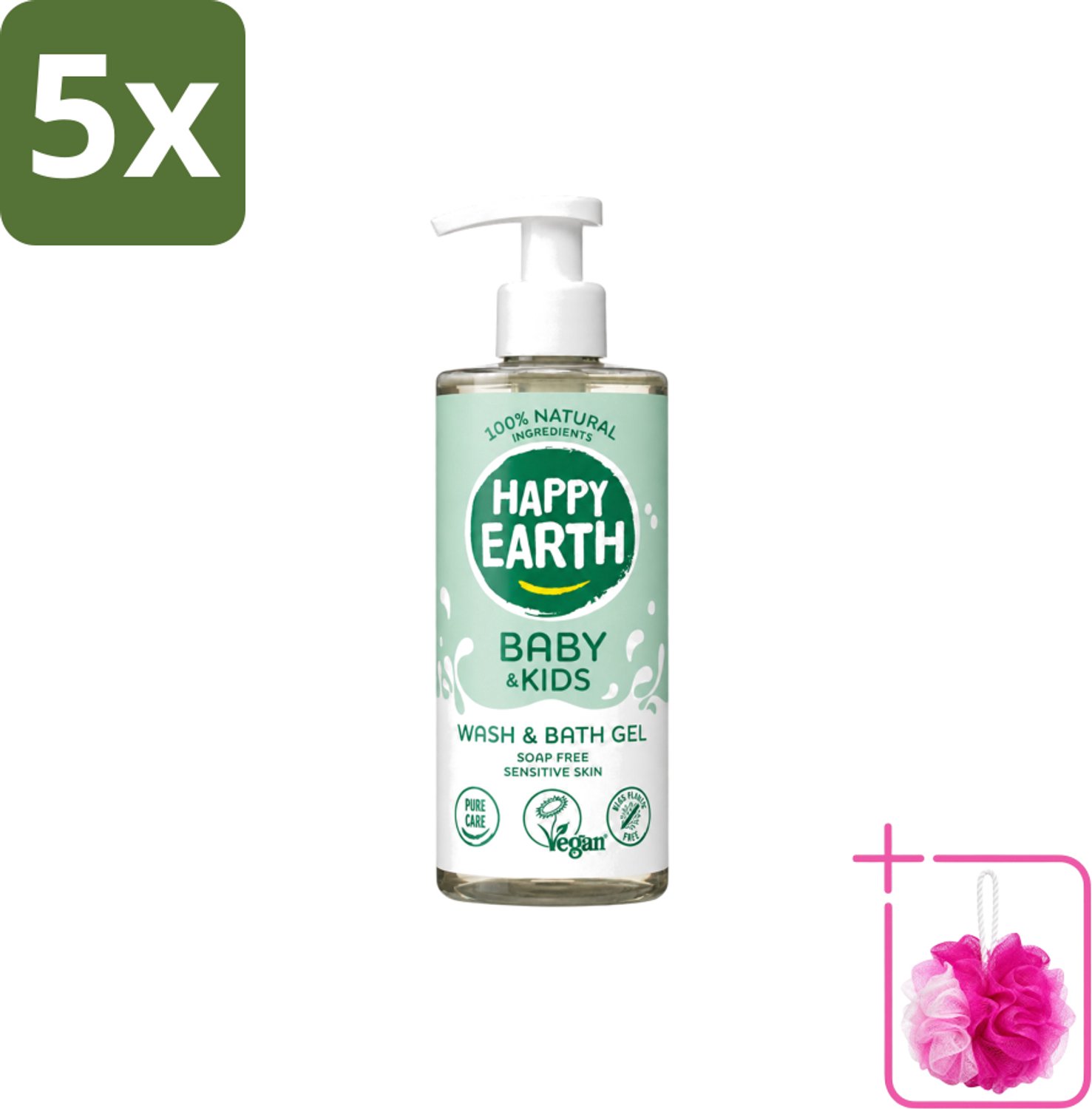 5 x Happy Earth – Was & Badgel – Zeepvrij Baby & Kids – 300 ml - Bulkverpakking - Wasgel - Douchemop - Huidverzachter