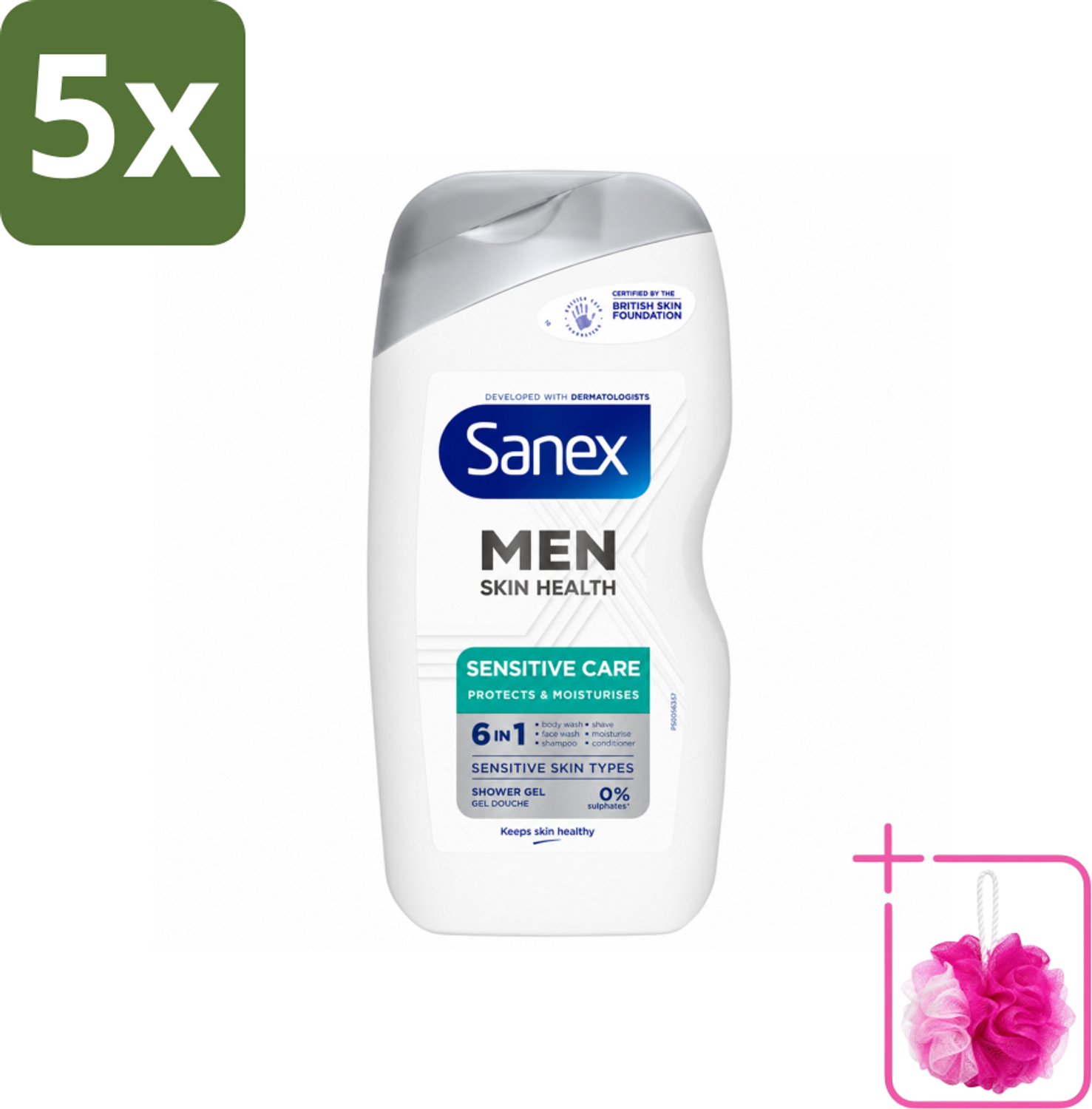 5 x Sanex – Douchegel – Men Sensitive – 400 ml - Bulkverpakking - Gevoelige mannenhuid - Douchemop - Douchegel