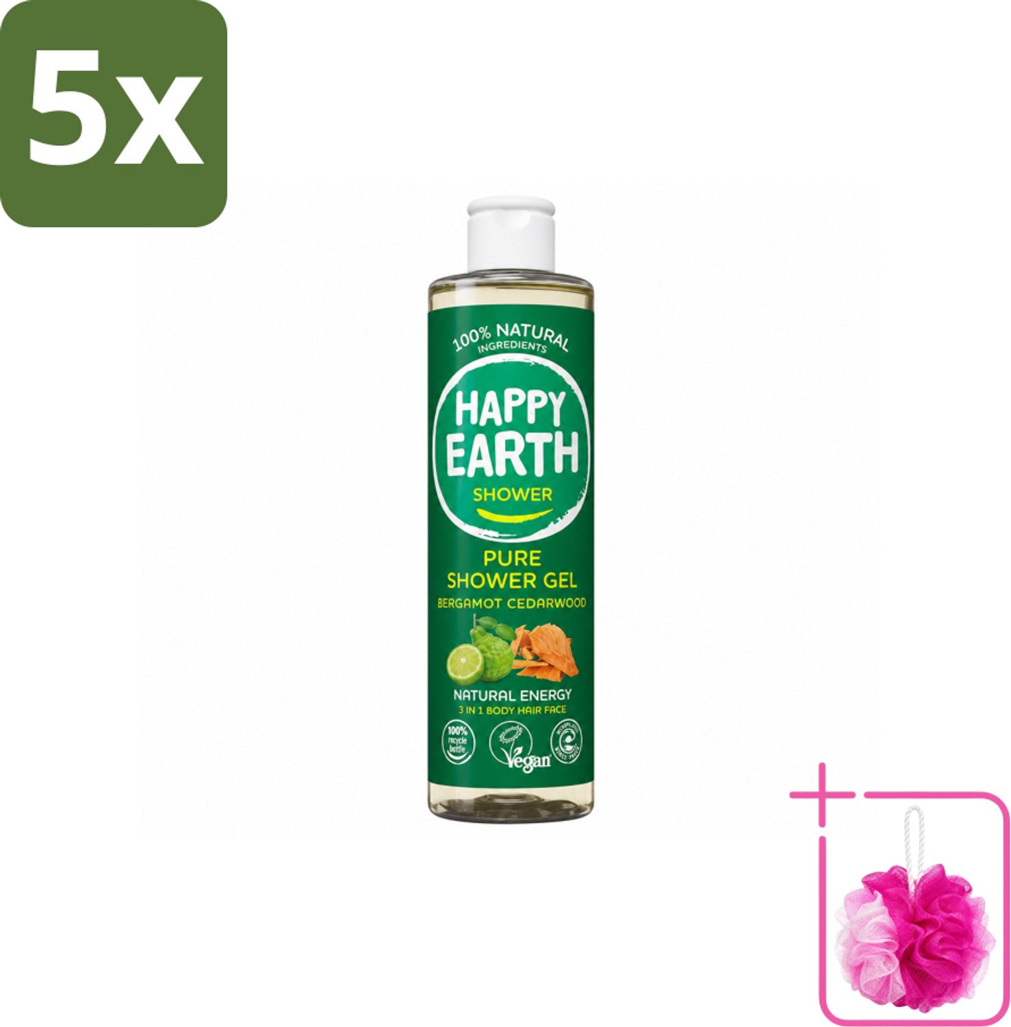 5 x Happy Earth – Douchegel – 100% Natuurlijk Bergamot Cedarwood – 300 ml - Bulkverpakking - Douchegel bergamot cederhout - Douchemop - Natuurlijke douchegel