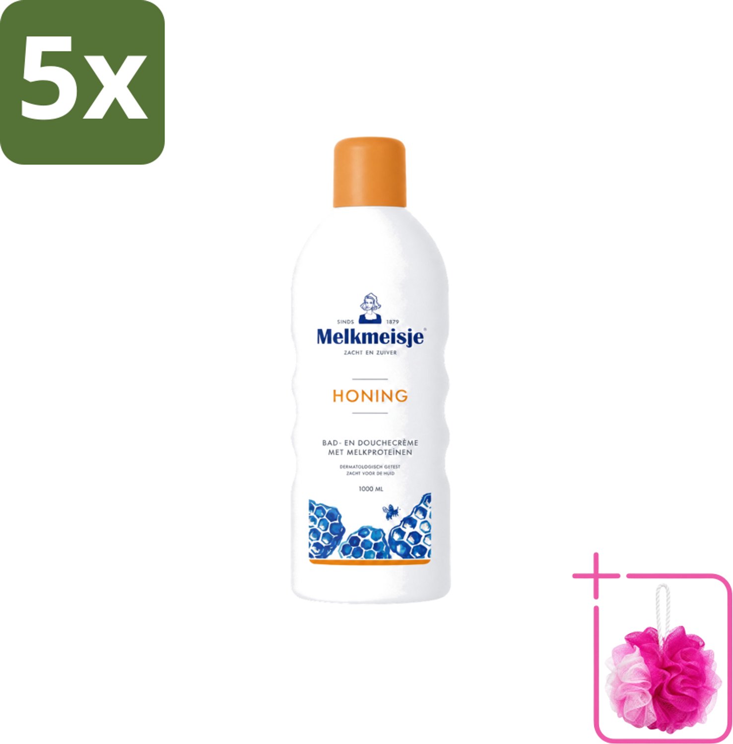 5 x Melkmeisje – Bad & Douche – Honing – 1000 ml - Bulkverpakking - Bad en douche crème - Douchemop - Honing crème