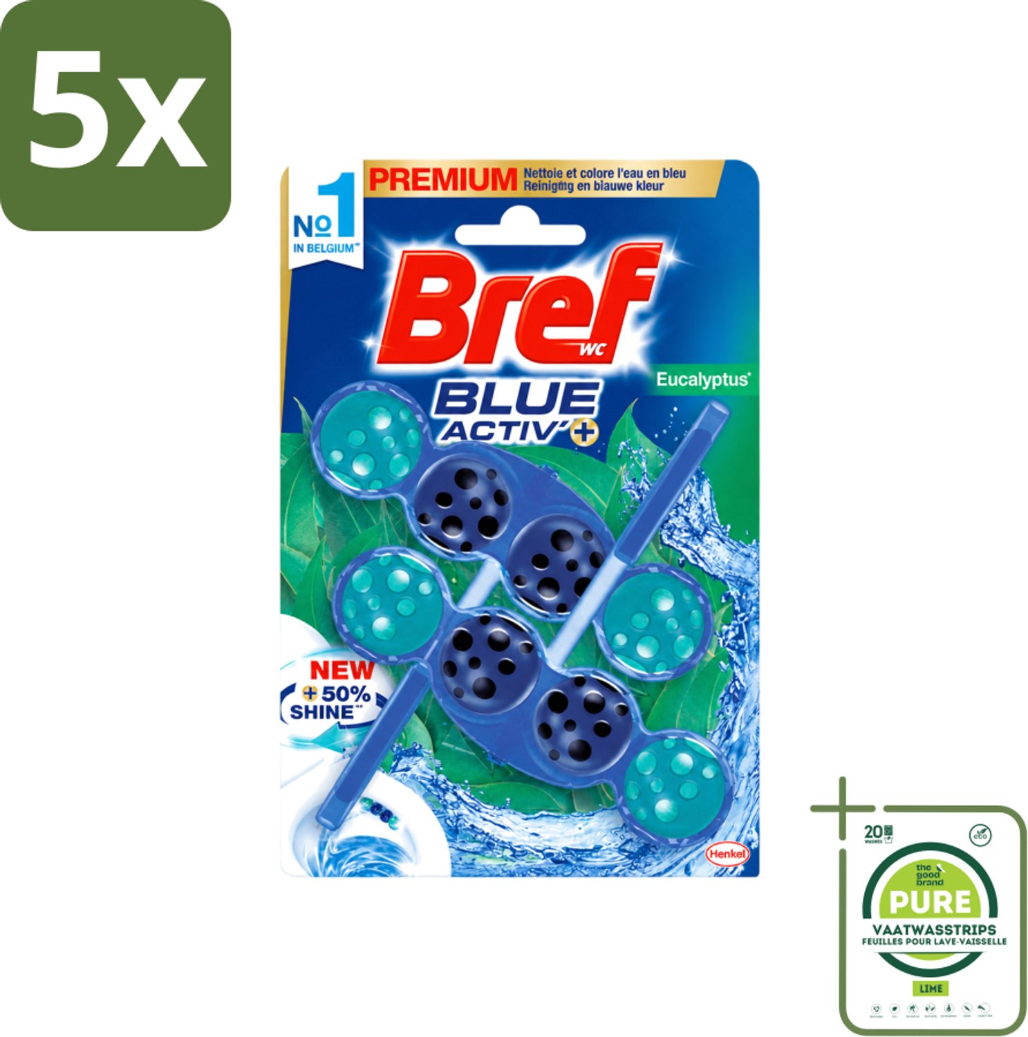 5 x Bref WC - Blue Activ' - Toiletblok - Eucalyptus - 2 Blokken - Grootverpakking - Vaatwasstrips - Toiletverzorging - Toilet Reinigen - Eucalyptus Geur - Geur Stop - Anti-kalk