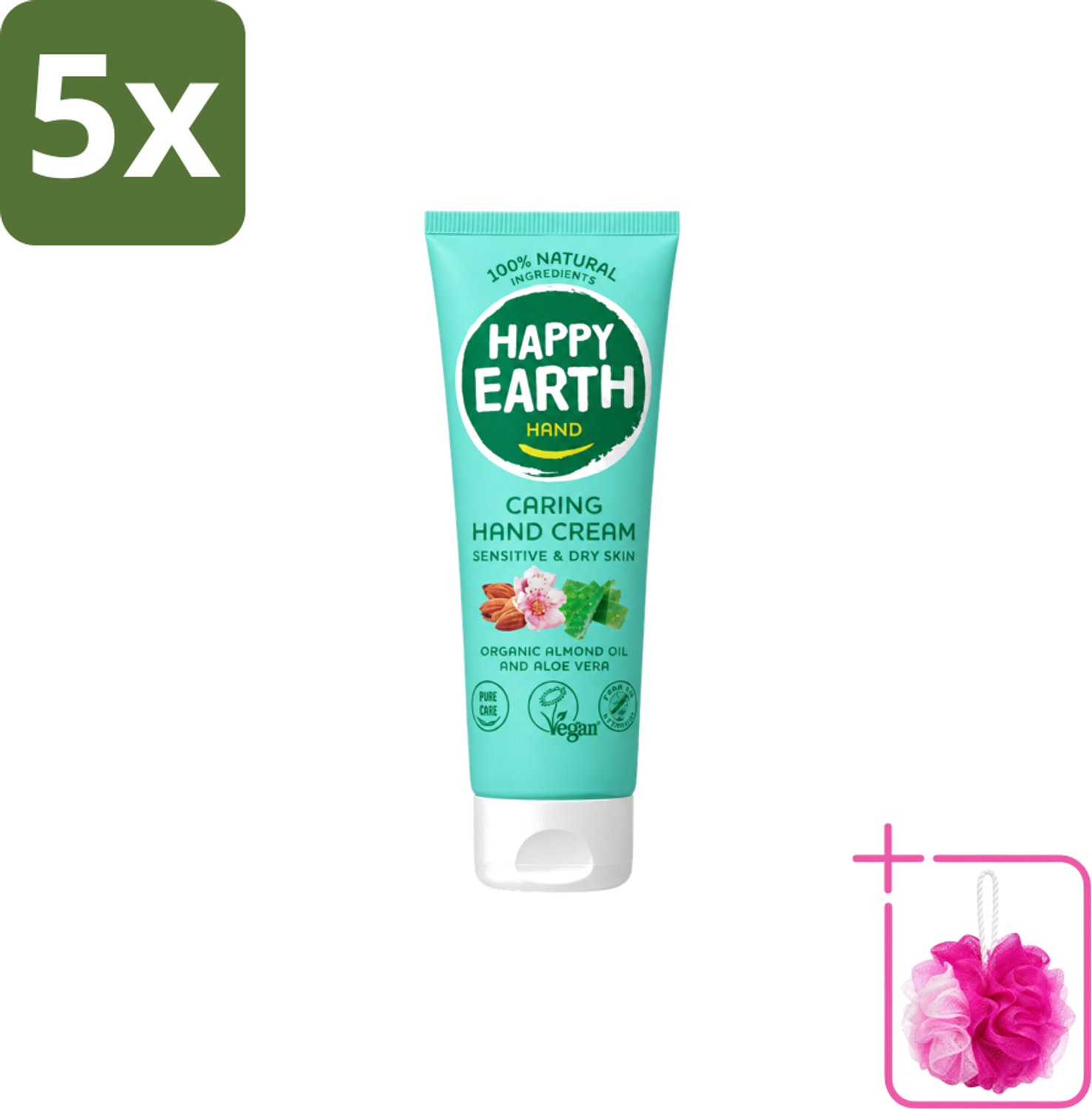 5 x Happy Earth – Handcrème – 100% Natuurlijk – 75 ml - Bulkverpakking - Natuurlijke handcrème - Douchemop - Vegan handcrème