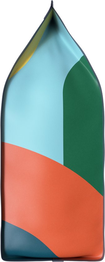Zijaanzicht van een Senseo Espresso verpakking met abstracte patronen in blauw, groen en oranje.