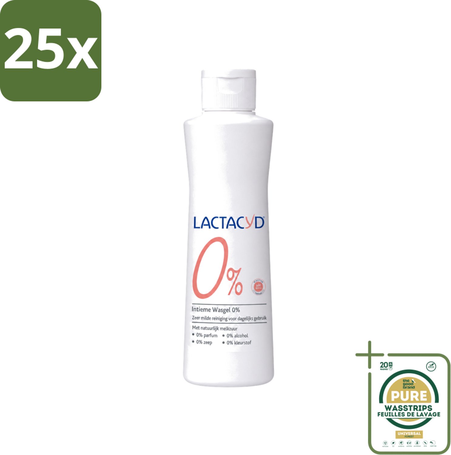 25 x Lactacyd – 0% – Milde Wasgel – 250 ml - Wasstrips - Intieme Wasgel - Gevoelige Huid - PH-vriendelijk - Zeepvrij - 0% Parfum