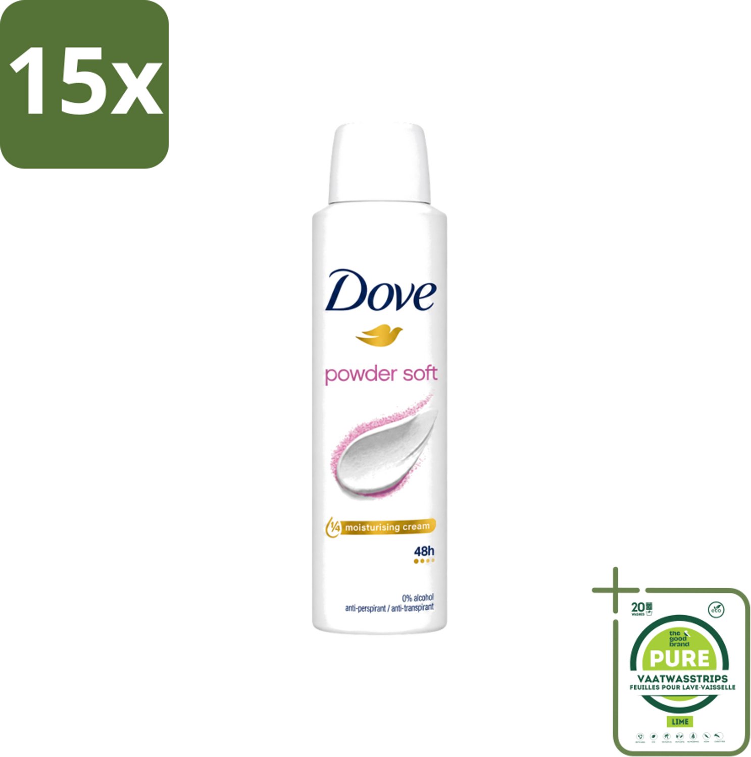 15 x Dove - Deospray - Powder Soft - 150 ml - Grootverpakking - Vaatwasstrips - Deodorant - Poeder - Oksels - Transpiratie - Geur