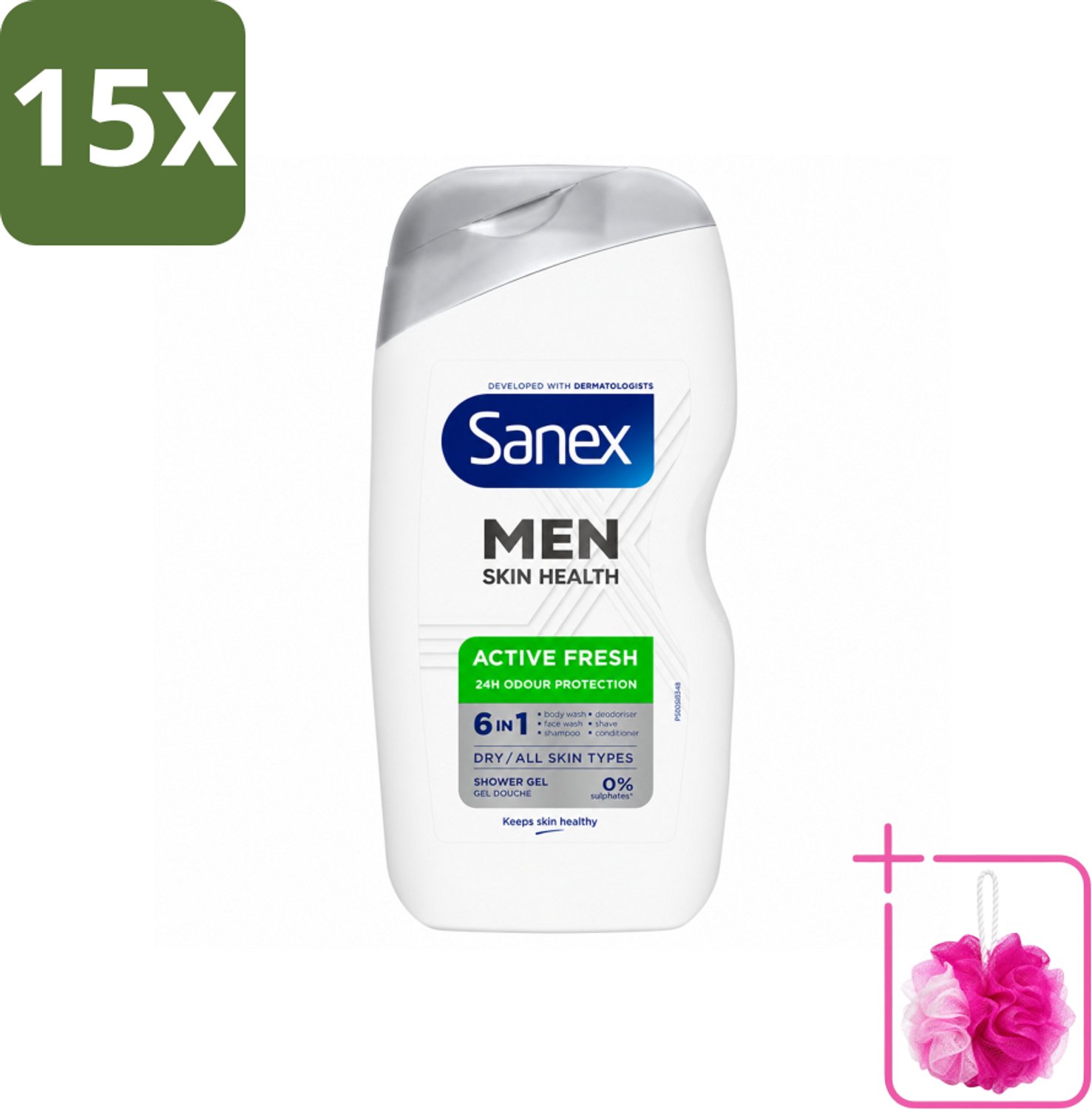 15 x Sanex – Douchegel – Men Active Fresh – 400 ml - Bulkverpakking - Douchegel voor mannen - Douchemop - Frisheid