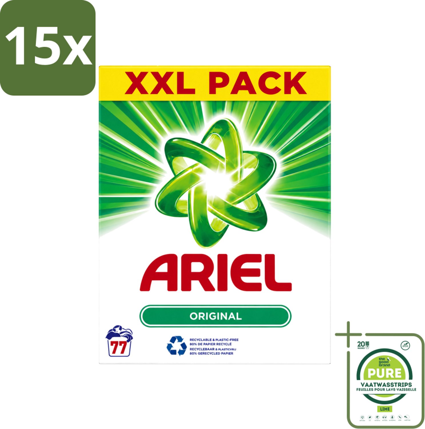 15 x Ariel Original XXL - Waspoeder - Witte en Lichtgekleurde Was - 77 Wasbeurten - Grootverpakking - Vaatwasstrips - Waspoeder - Wasmiddel - Vlekverwijdering - Witte Kleding - Lichtgekleurde Kleding