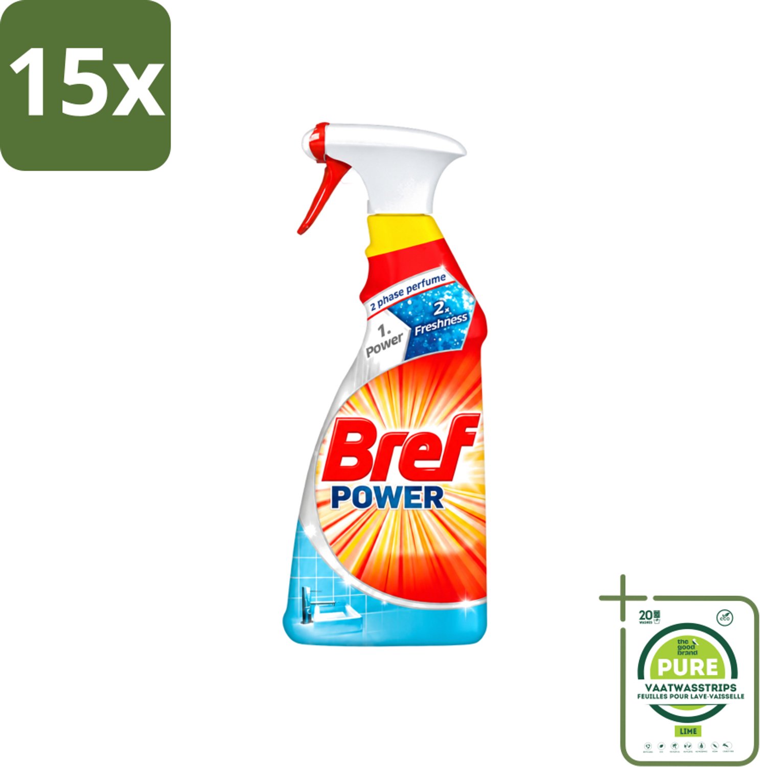 15 x Bref Power - Badkamerreiniger - Spray - Anti-Kalk & Vuil - Fris - 750 ml - Grootverpakking - Vaatwasstrips - Kalk Verwijderen - Vuil Verwijderen - Badkamer Schoonmaken - Douchecabine Schoonmaken - Gootsteen Schoonmaken