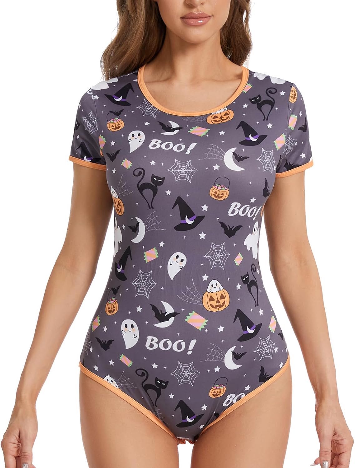 Onesie Pyjama voor Dames: Spookachtige Leuke Kostuums voor Volwassen Stretchy Bodysuit Romper Snap Crotch - Candy Ghost Pompoen Print