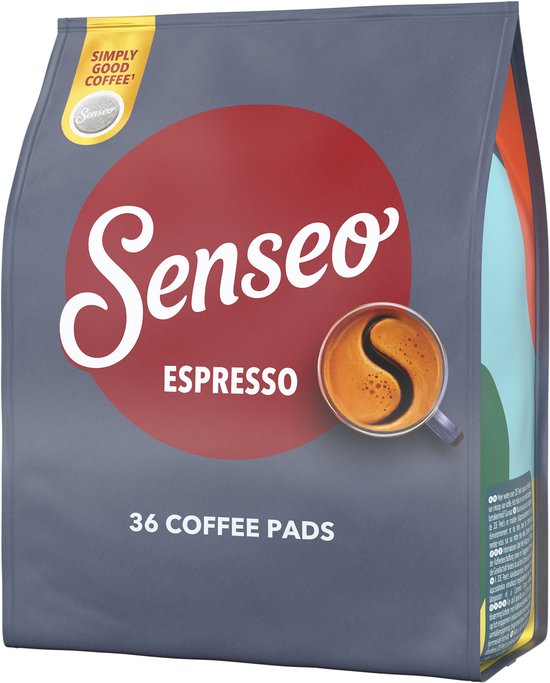 Schuine aanzicht van een Senseo Espresso verpakking met zijvlak in abstracte kleuren en tekst '36 coffee pads'.