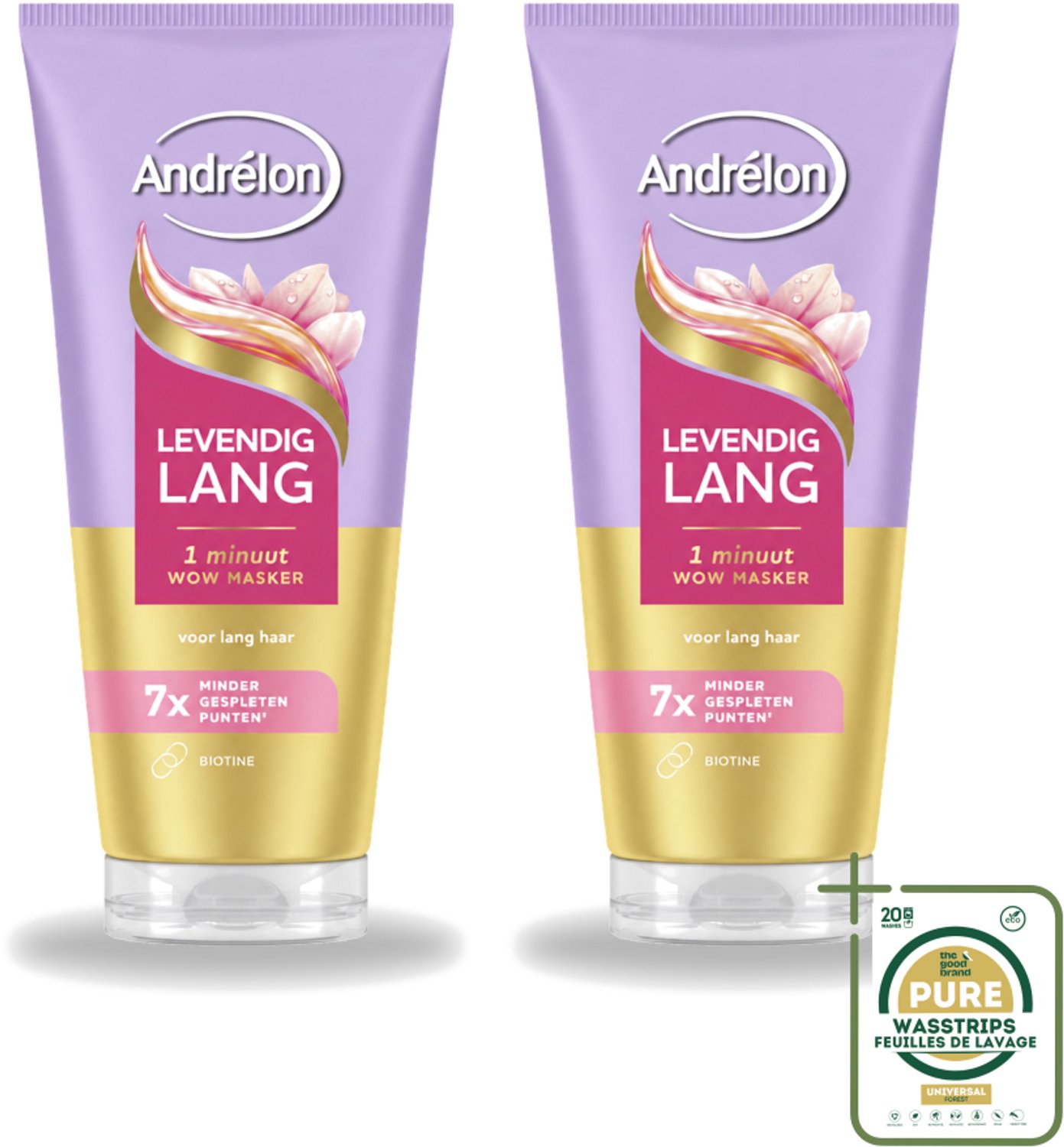 2 x Andrélon – Haarmasker WOW – Levendig Lang – 180 ml - Wasstrips - Haarversterking - Haarverzorging - Haarbreuk - Gespleten Punten - Biotine