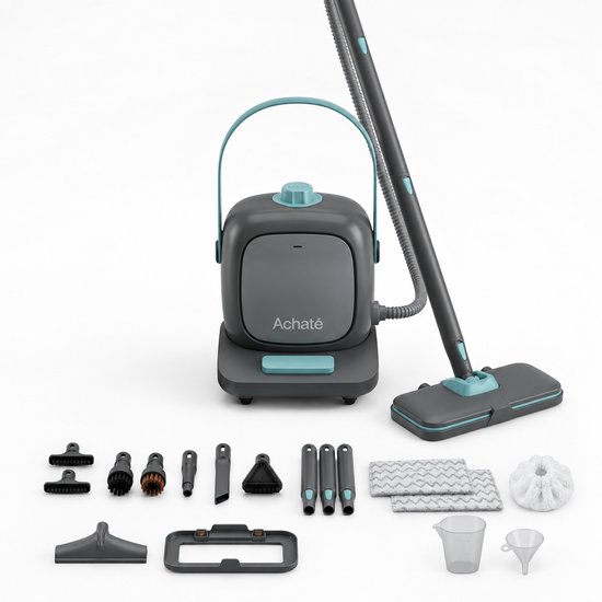 Grijze Achaté stoomreiniger met turquoise details, inclusief diverse opzetstukken, verlengbuizen en reinigingsdoeken.