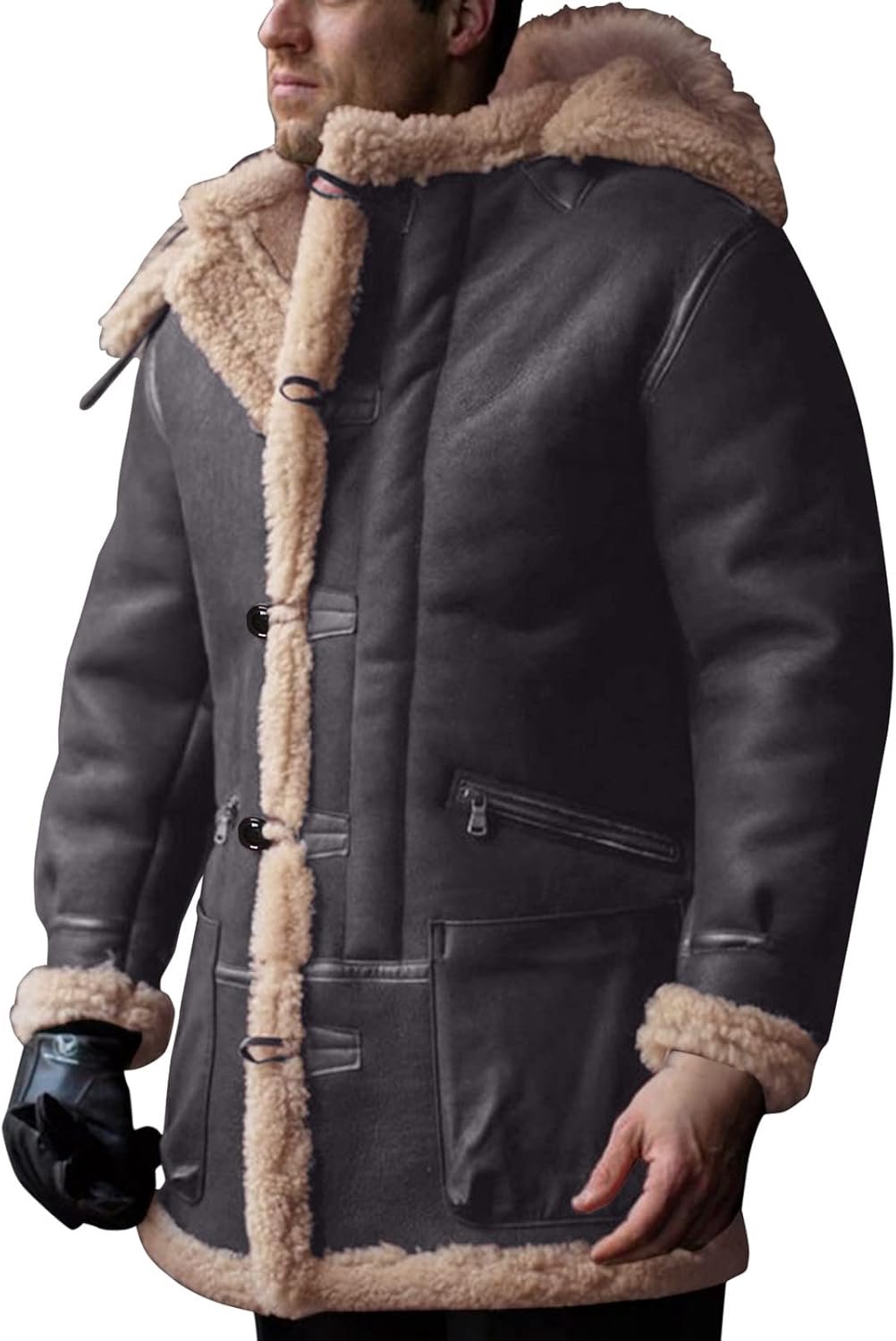 Grote maat capuchon winter knoop jas lange mouwen gevoerd leer dikke jas schapenvacht jas jas