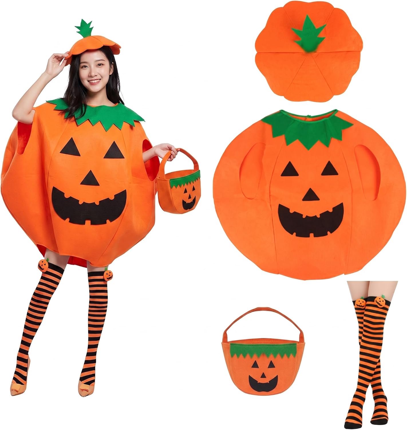 Pompoenkostuum set unisex volwassenen, schattige pompoen verkleedoutfit met hoed en snoep trick or treat tas & sokken, kleding voor Halloween, feest, cosplay, carnaval (volwassenen)