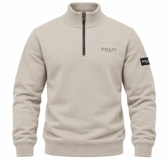 Beige Ballin half-zip trui met opstaande kraag, zwarte rits en merklogo op de borst en mouw.