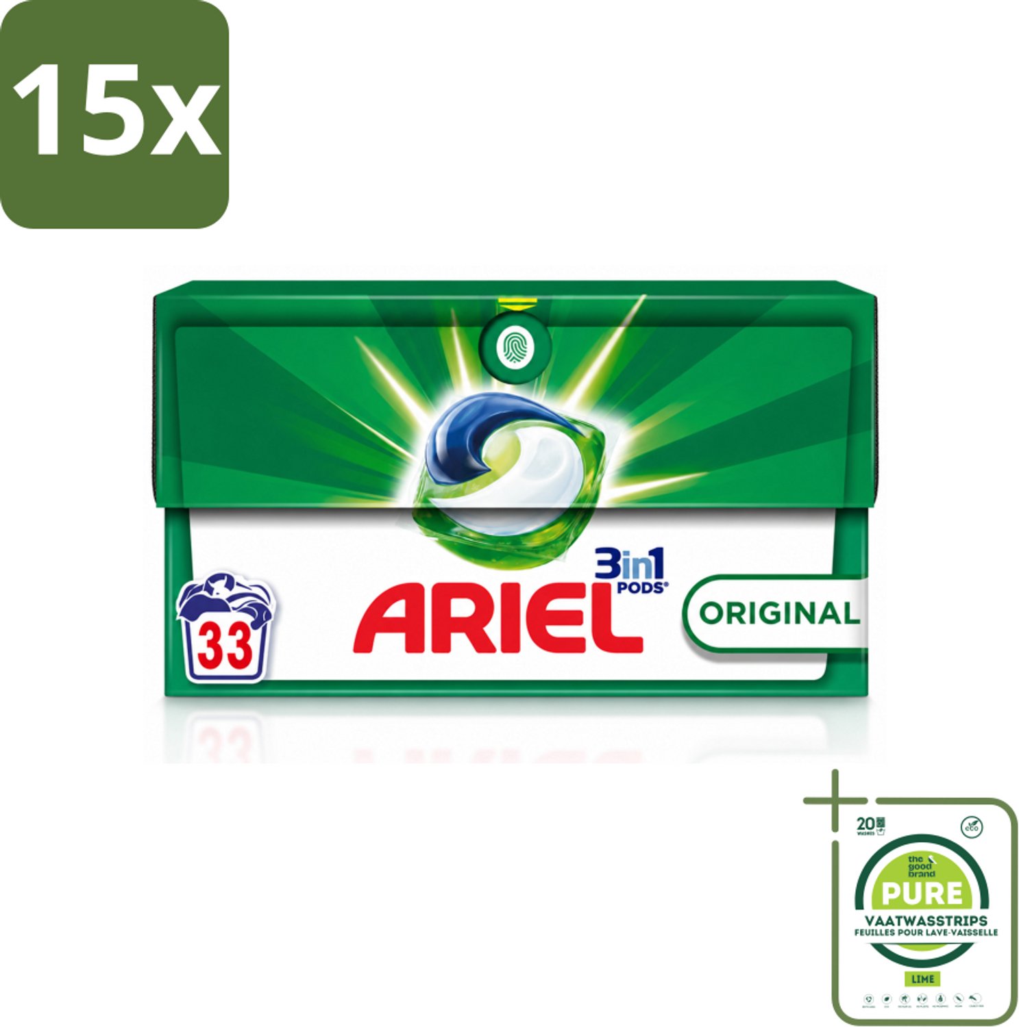15 x Ariel - 3in1 Wasmiddel Pods - Original - 33 Pods - Grootverpakking - Vaatwasstrips - Wasmiddel - Waspod - Reinigen - Vlekken Verwijderen - Koud Water