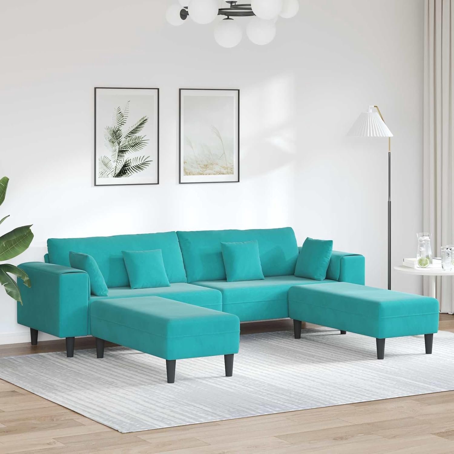 Fluwelen bank met 3-delige set, turquoise, elegante velours woonkamer bank met binnenvering en stabiele frameconstructie voor een stijlvolle ambiance