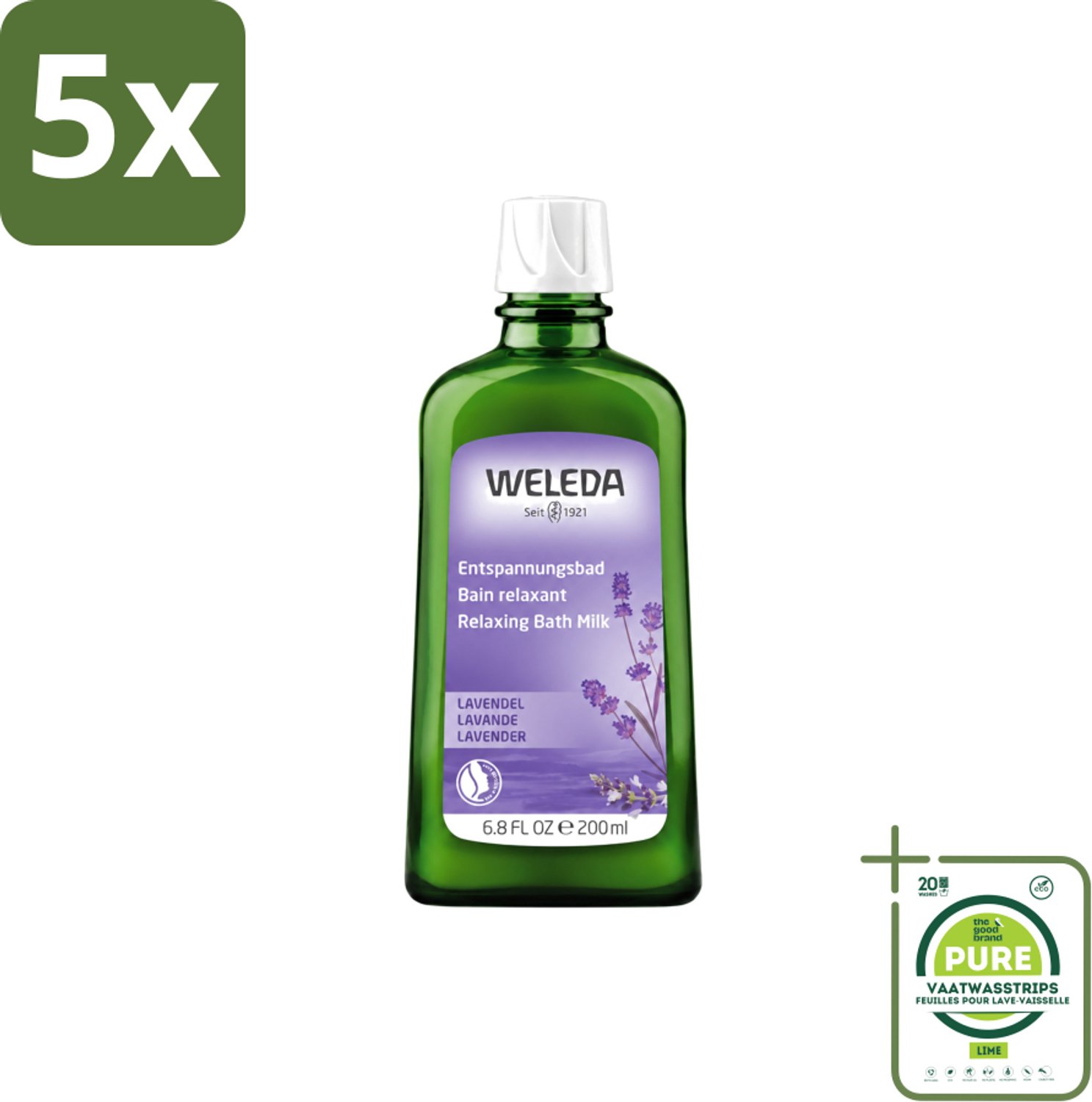 5 x WELEDA - Ontspanningsbadmelk - Lavendel - 200 ml - Grootverpakking - Vaatwasstrips - Ontspanning - Badmelk - Lavendel - Rust - Slaap