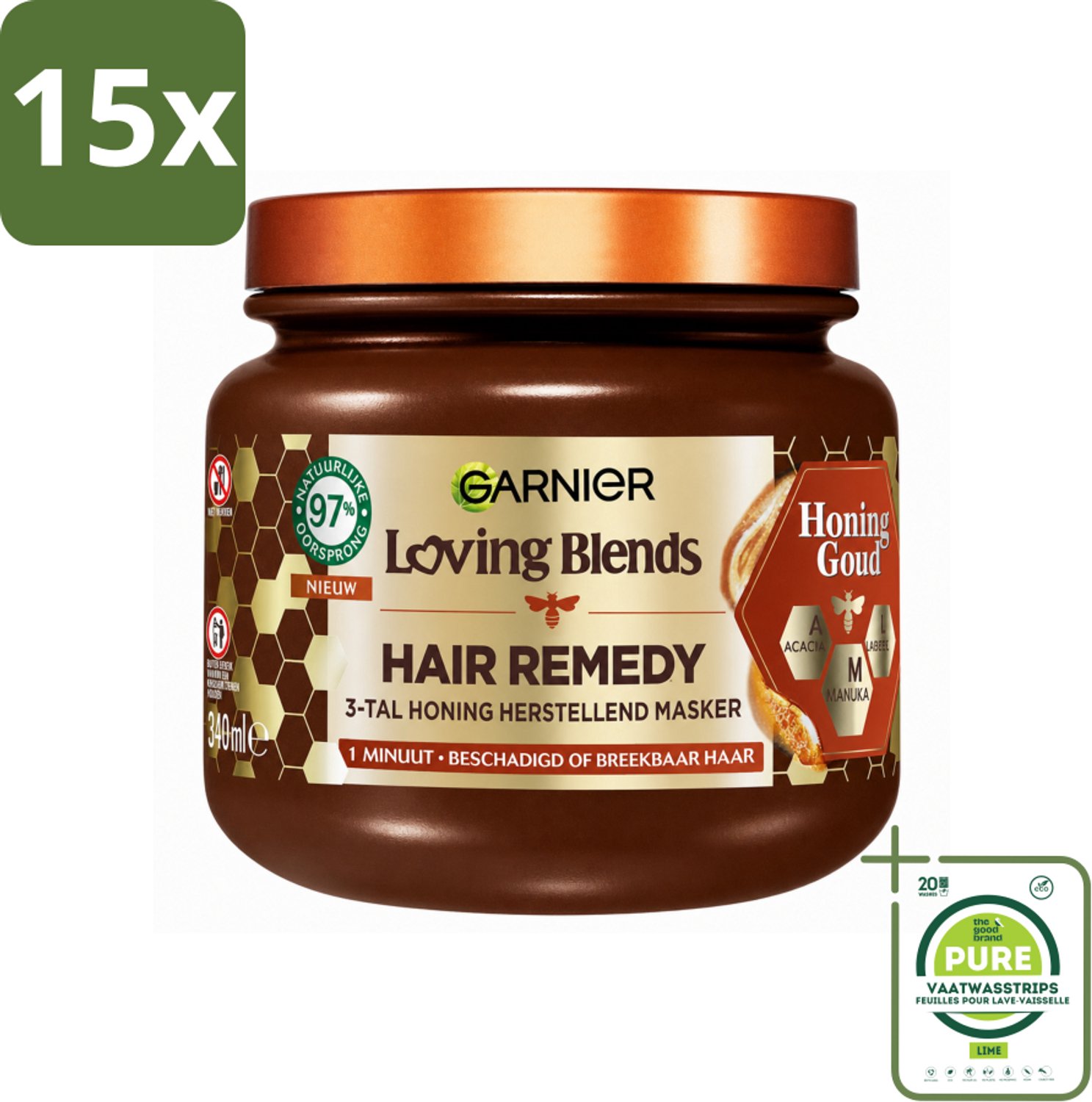 15 x Garnier - Loving Blends Honing Goud - Hair Remedy Haarmasker - Beschadigd & Breekbaar Haar - 340 ml - Grootverpakking - Vaatwasstrips - Haarmasker - Haarherstel - Haarscheuren - Haarbreuk - Gespleten Punten