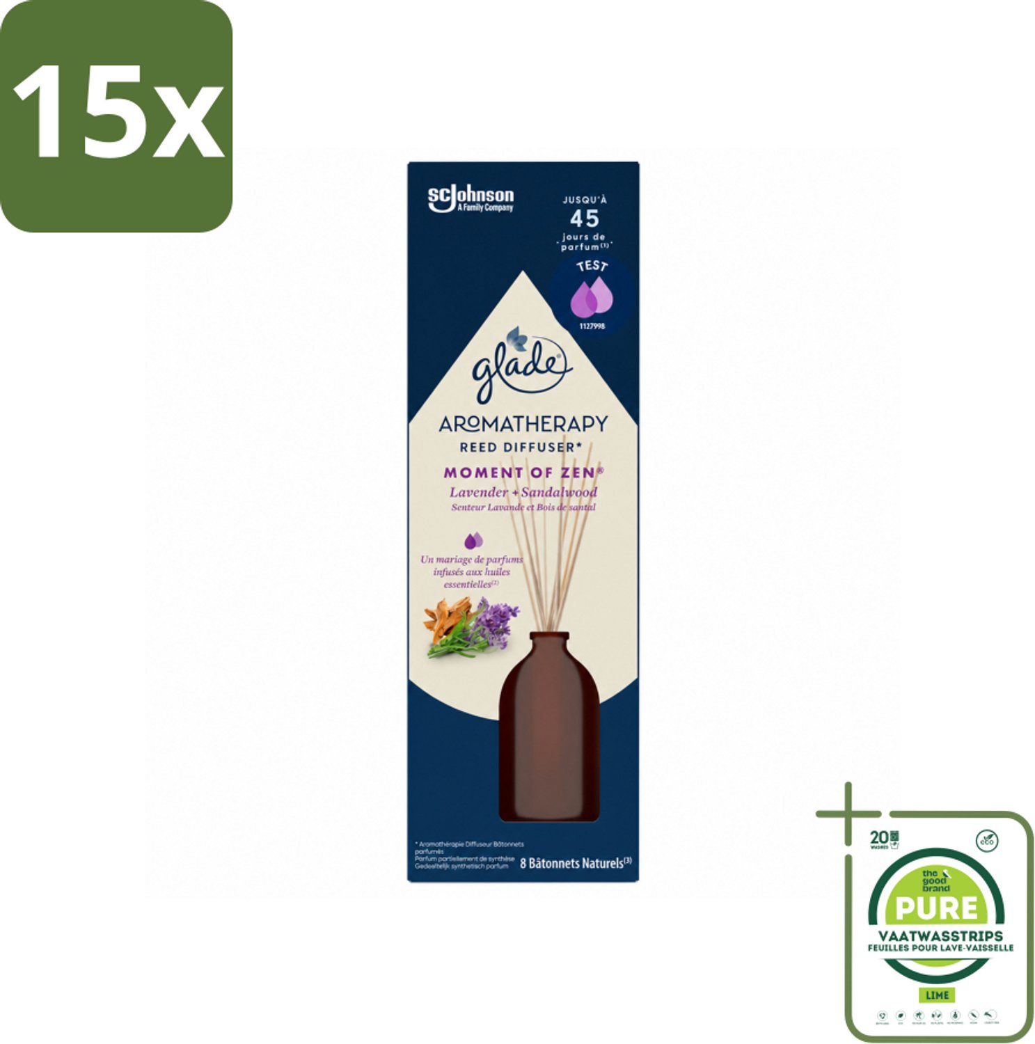 15 x Glade - Geurstokjes Moment van Zen - Aromatherapie Geurverspreiding - 80 ml - Grootverpakking - Vaatwasstrips - Geurstokjes - Aromatherapie - Rust - Ontspanning - Lavendel