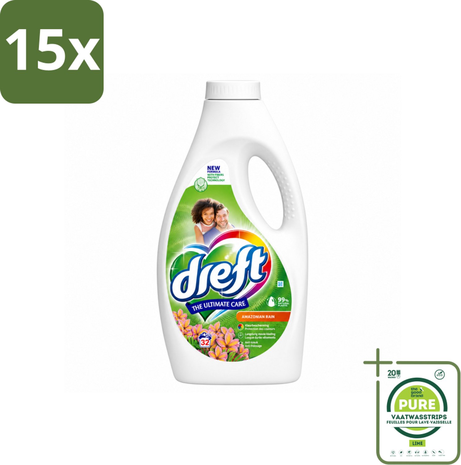 15 x Dreft - Vloeibaar Wasmiddel - Amazone Regen - Tropische frisheid - 32 Wasbeurten - Grootverpakking - Vaatwasstrips - Wasmiddel Amazon Regen - Krachtige Was - Frisse Geur - Wasmiddel Voor Witte En Gekleurde Was - Wasmiddel Met Parfumboost