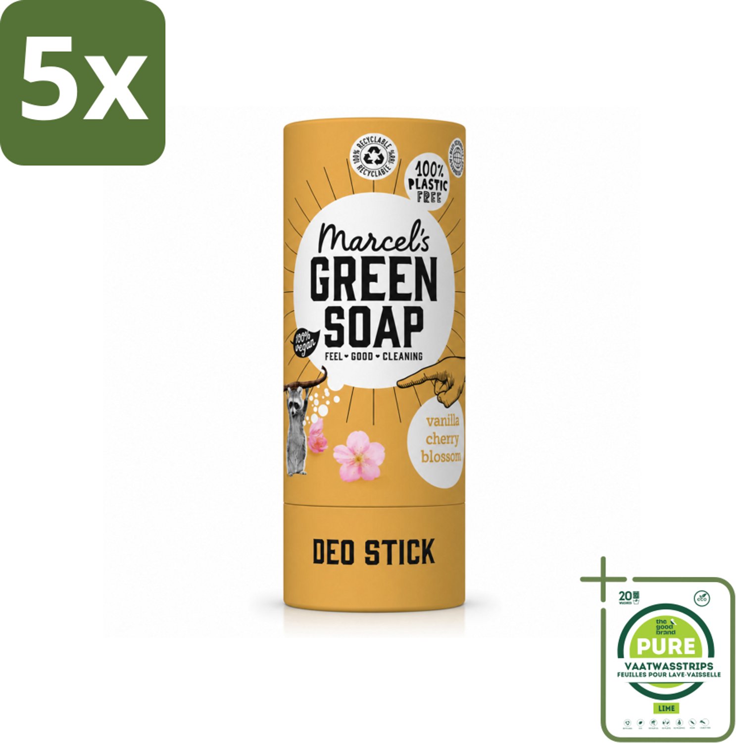 5 x Marcel's Green Soap - Deodorant Stick - Vanille & Kersenbloesem - Langdurige frisheid - 40 gr - Grootverpakking - Vaatwasstrips - Deodorantstok - Natuurlijke Deodorant - Duurzame Deodorant - Vegan Deodorant - Biologische Deodorant
