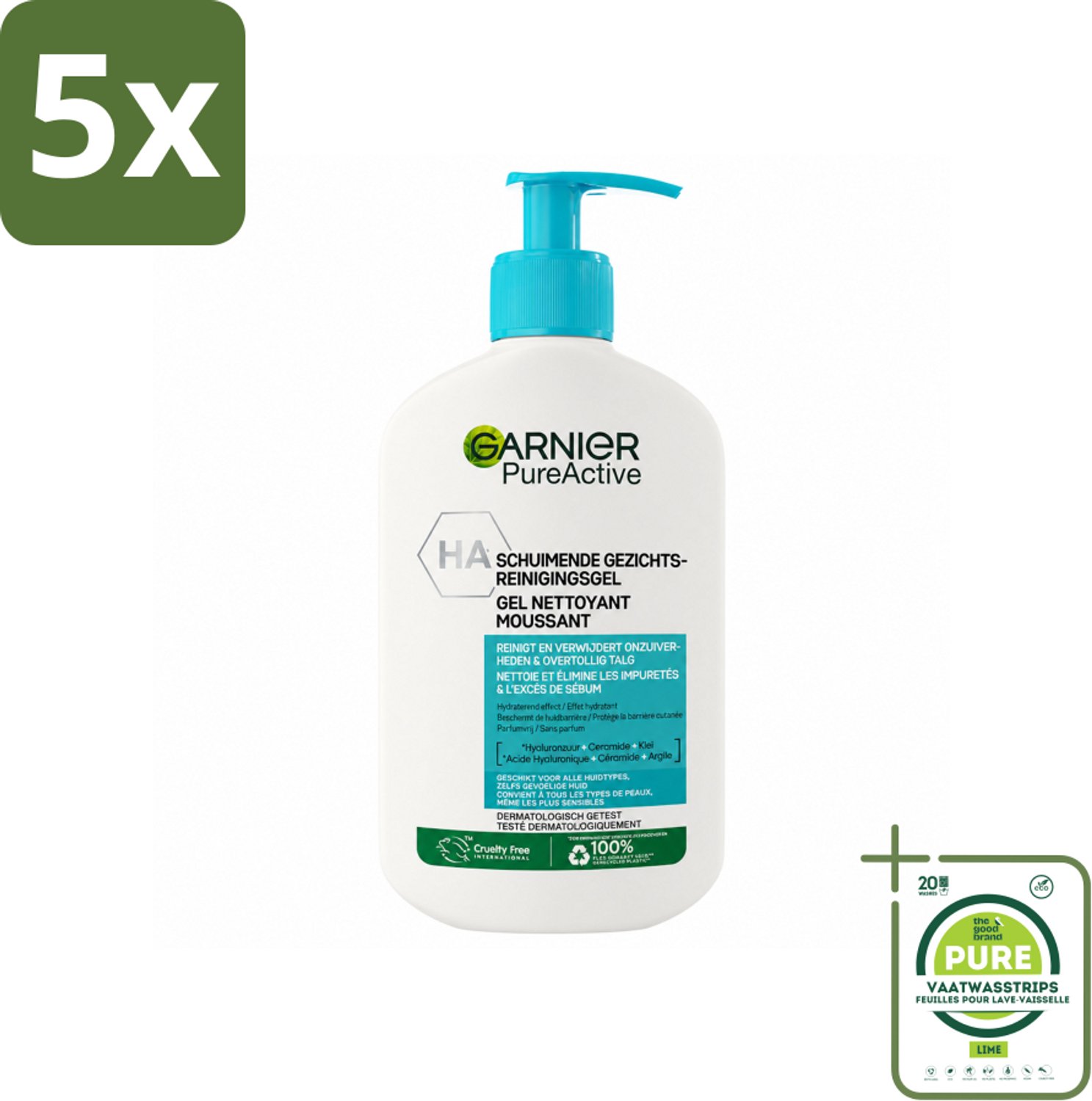 5 x Garnier - Pure Active - Gezichtsreiniger - Hydraterend - 250 ml - Grootverpakking - Vaatwasstrips - Gezichtsreiniger - Hydraat - Huidverzorging - Zuivere Huid - Huidbarrière