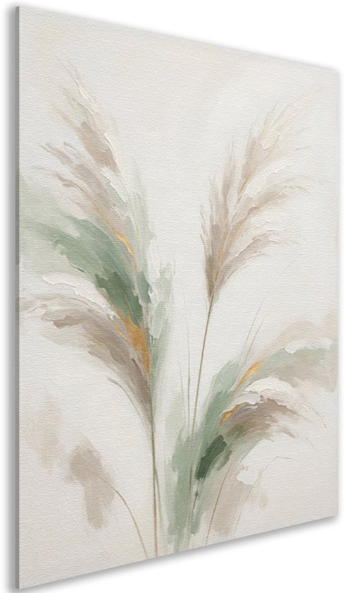 Zijaanzicht van een canvas schilderij met een abstracte print van beige en groene bladeren.