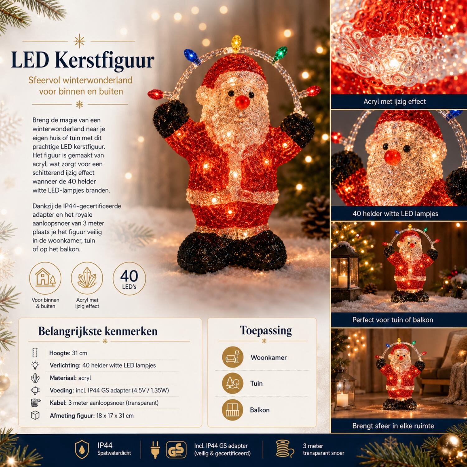 Kerstverlichting figuur - kerstman - 31 cm - 40 led lampjes - helder wit - acryl - lichtfiguur – foto 5