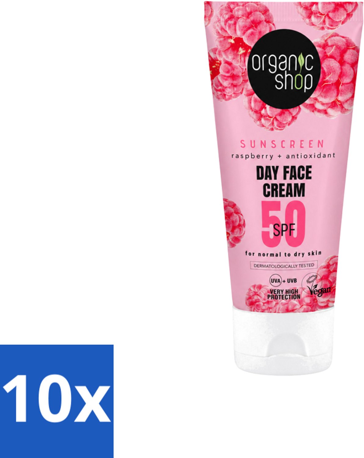 10 x Organic Shop - Zonnebrandcrème Gezicht SPF 50 - Normale Huid - 50 ml - Voordeelverpakking - 10 stuks