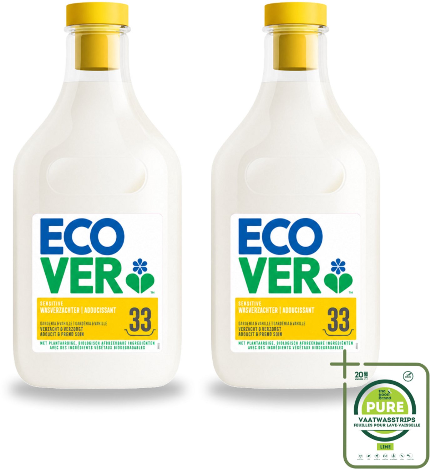 2 x Ecover - Wasverzachter - Gardenia - 1 liter - 33 wasbeurten - Grootverpakking - Vaatwasstrips - Wasverzachter - Wasverzachter Gardenia En Vanille - Wasverzachter Voor Kleding - Wasverzachter Voor Gevoelige Huid - Wasverzachter Biologisch
