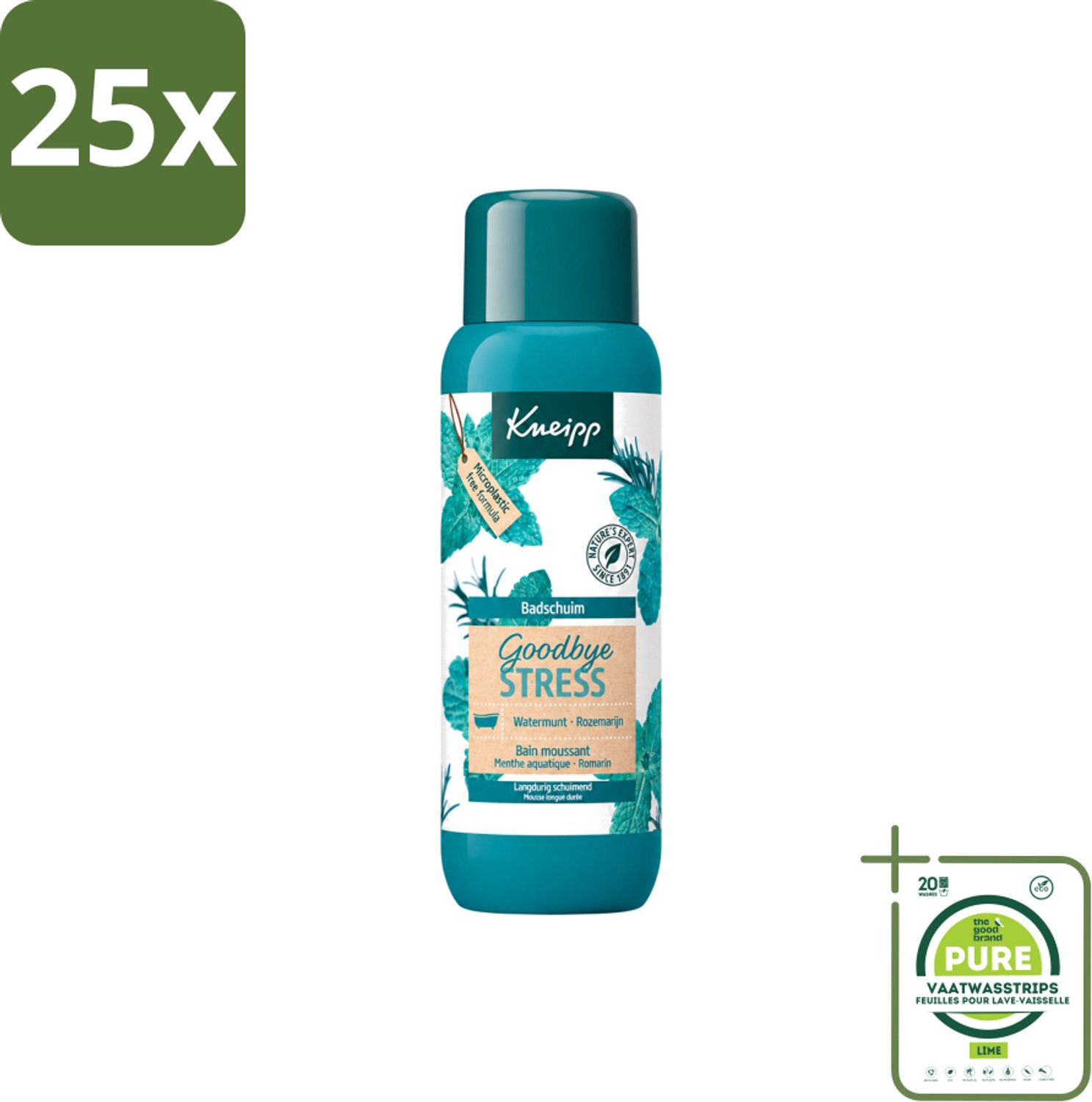 25 x Kneipp - Badschuim - Goodbye Stress - Watermunt & Rozemarijn - 400 ml - Grootverpakking - Vaatwasstrips - Stressvermindering - Badschuim - Watermunt - Rozemarijn - Ontspanning