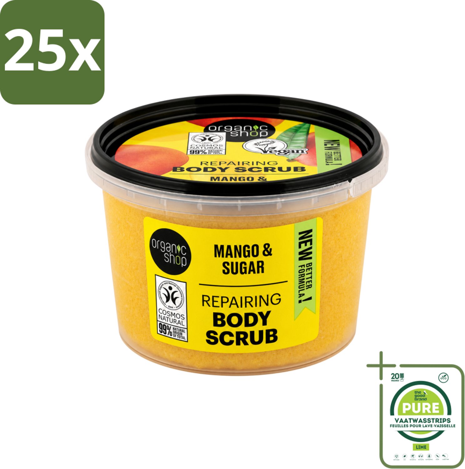 25 x Organic Shop - Organic Mango & Sugar Body Scrub - Peeling en Geur - 250 ml - Grootverpakking - Vaatwasstrips - Organische Bodyscrub - Mango Scrub - Exfoliatie Huid - Huidvernieuwing - Natuurlijke Scrub