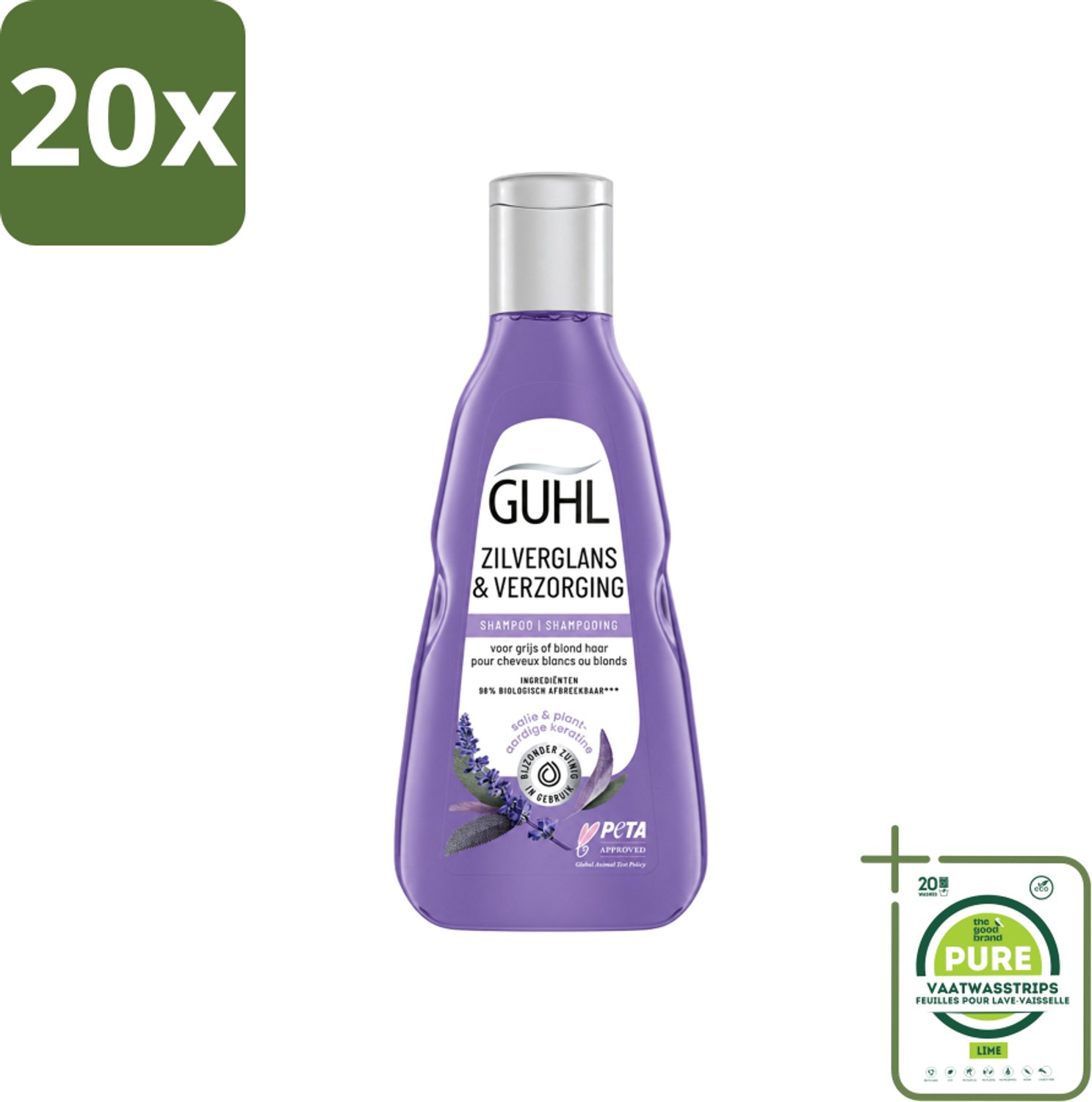 20 x Guhl - Shampoo - Zilverglans & Verzorging - 250 ml - Grootverpakking - Vaatwasstrips - Zilverglans Shampoo - Anti-geel Effect - Grijs Haar Verzorging - Blond Haar Verzorging - Haarkleur Verlichten