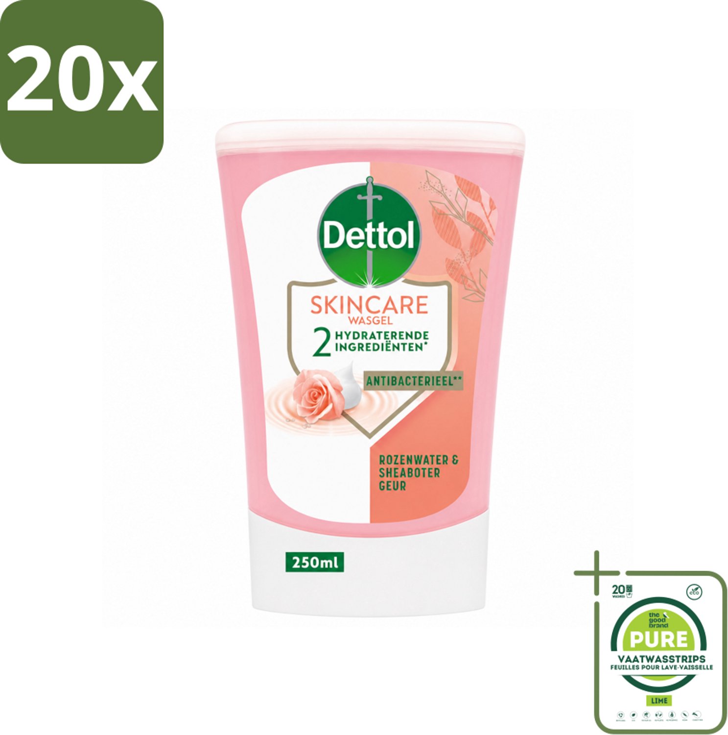 20 x Dettol - Wasgel Navulling - Skincare - Rozenwater & Sheaboter - 250 ml - Grootverpakking - Vaatwasstrips - Handen Reinigen - Antibacteriële Wasgel - Handwas - Hygiëne - Handen Verzorgen
