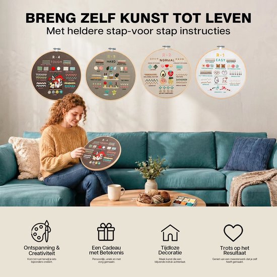 Vrouw zit op een blauwe bank en borduurt. Vier ronde borduurringen tonen de verschillende moeilijkheidsniveaus.