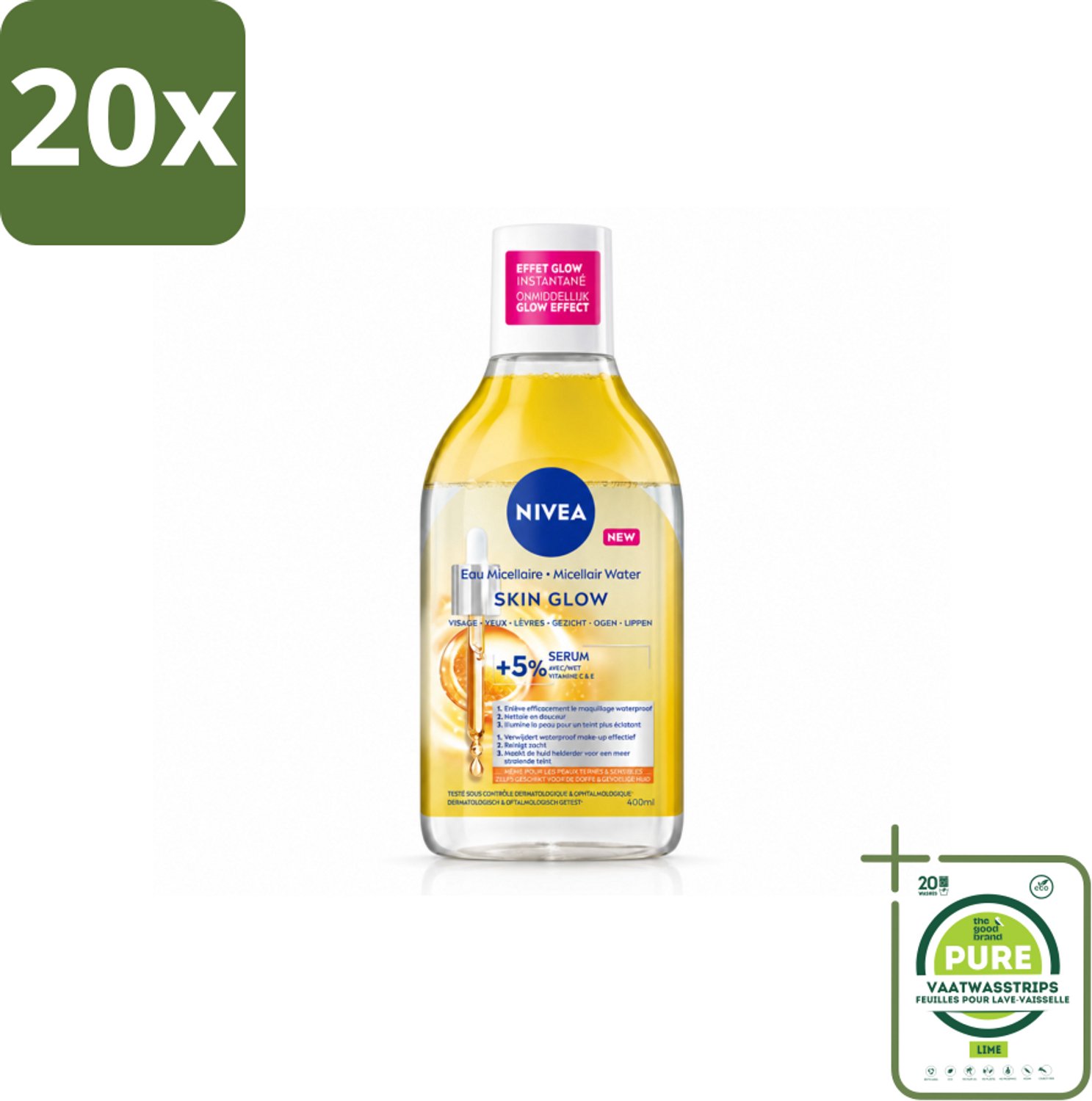 20 x NIVEA - Micellair Water - Serum Verrijkt Stralend - Verwijdert Waterbestendige Make-up - 400 ml - Grootverpakking - Vaatwasstrips - Micellair Water - Reinigen - Stralende Huid - Gevoelige Huid - Hydratatie